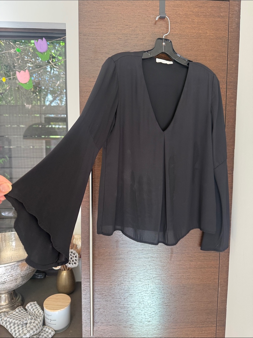 Lush Sheer Black V-Neck Blouse with Statement Bell Sleeves